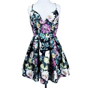A Peach Floral Print Mini Dress‎ Black V Neck Strappy Party Women's S Whimsigoth